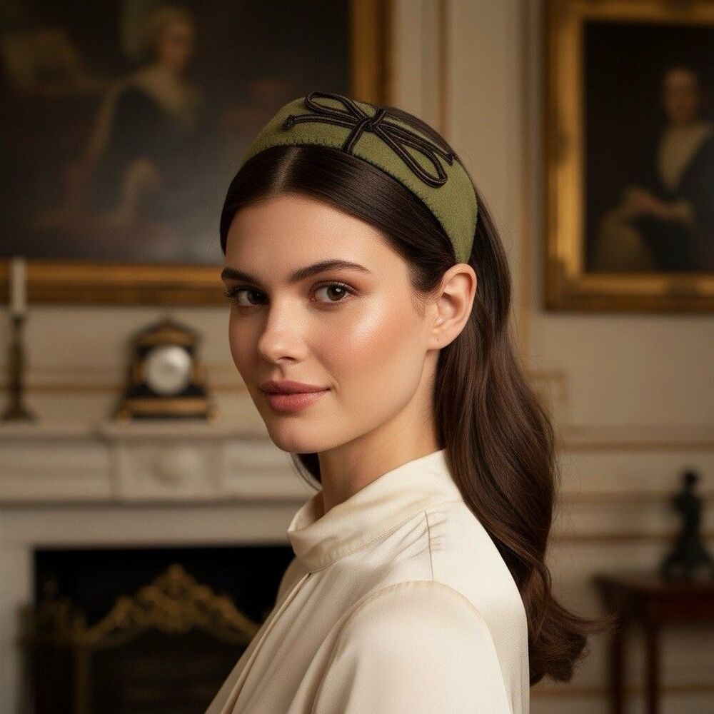 Vintage Jennifer Ouellette Wool Felt Green Brown Bow Design Headband